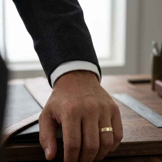 6mm Flat Milgrain Comfort-Fit Wedding Band in 14K Yellow Gold, worn on hand, masculine full view