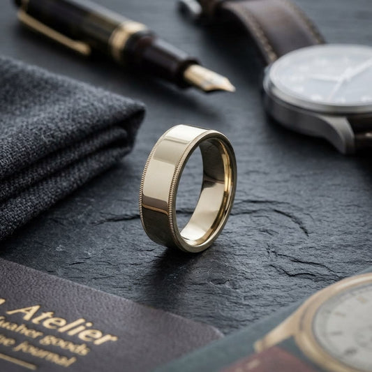 8mm Flat Milgrain Comfort-Fit Wedding Band in 14K Yellow Gold, on walnut surface with pocket square