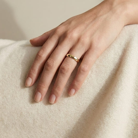 3.5mm Flat Comfort-Fit Wedding Band in 14K Yellow Gold, worn on hand, full view