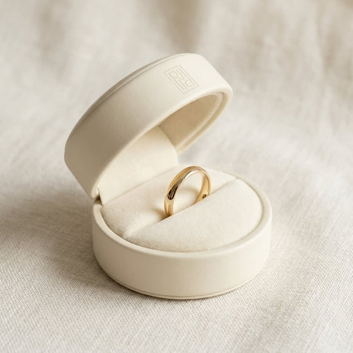 3.5mm Flat Comfort-Fit Wedding Band in 14K Yellow Gold, in navy velvet jewelry box