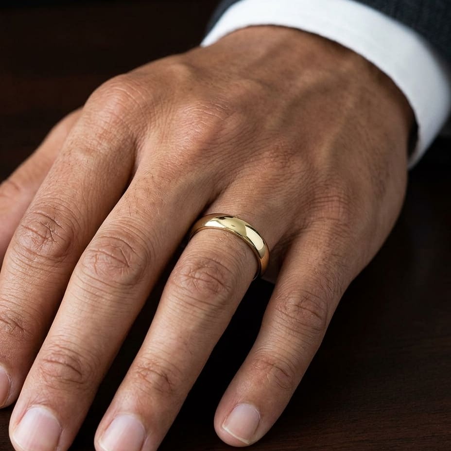 5.5mm Deluxe Comfort-Fit Wedding Band in 14K Yellow Gold, worn on hand, masculine close-up