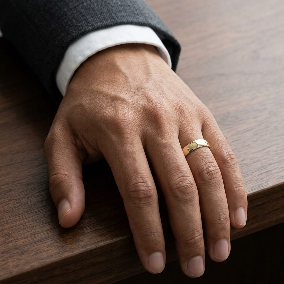 5.5mm Deluxe Comfort-Fit Wedding Band in 14K Yellow Gold, worn on hand, masculine full view