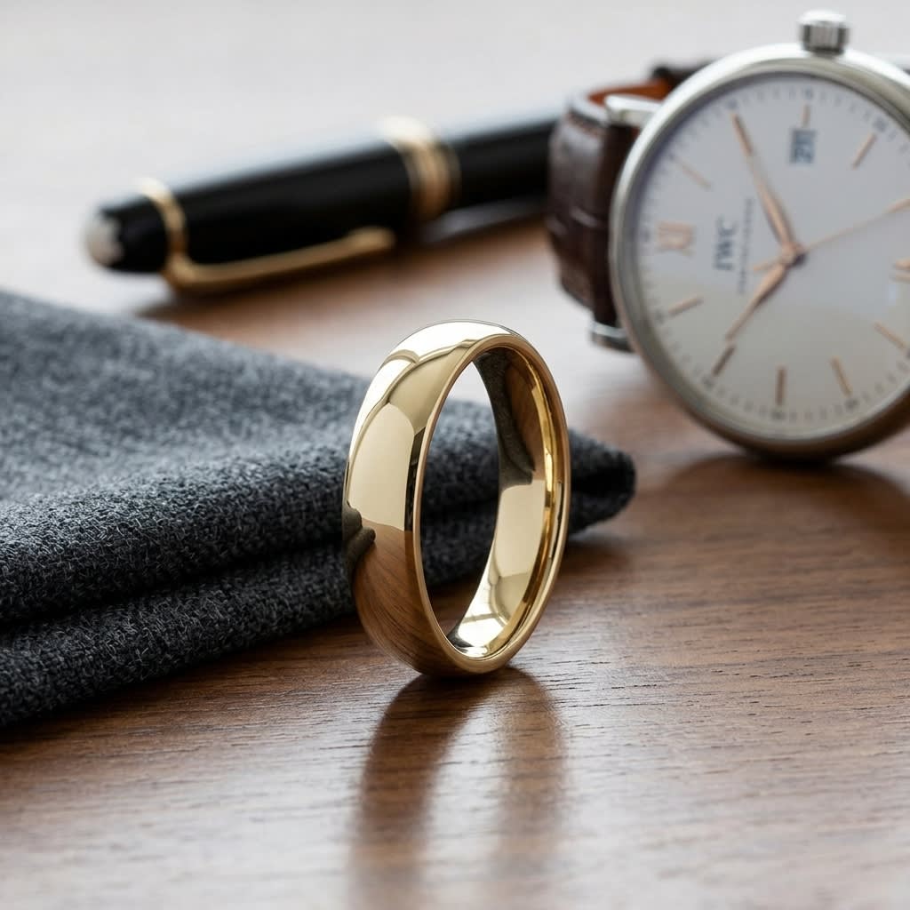 5.5mm Deluxe Comfort-Fit Wedding Band in 14K Yellow Gold, on walnut surface with pocket square