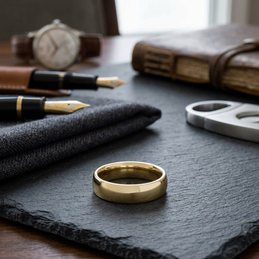 6.5mm Deluxe Comfort-Fit Wedding Band in 14K Yellow Gold, on walnut surface with pocket square