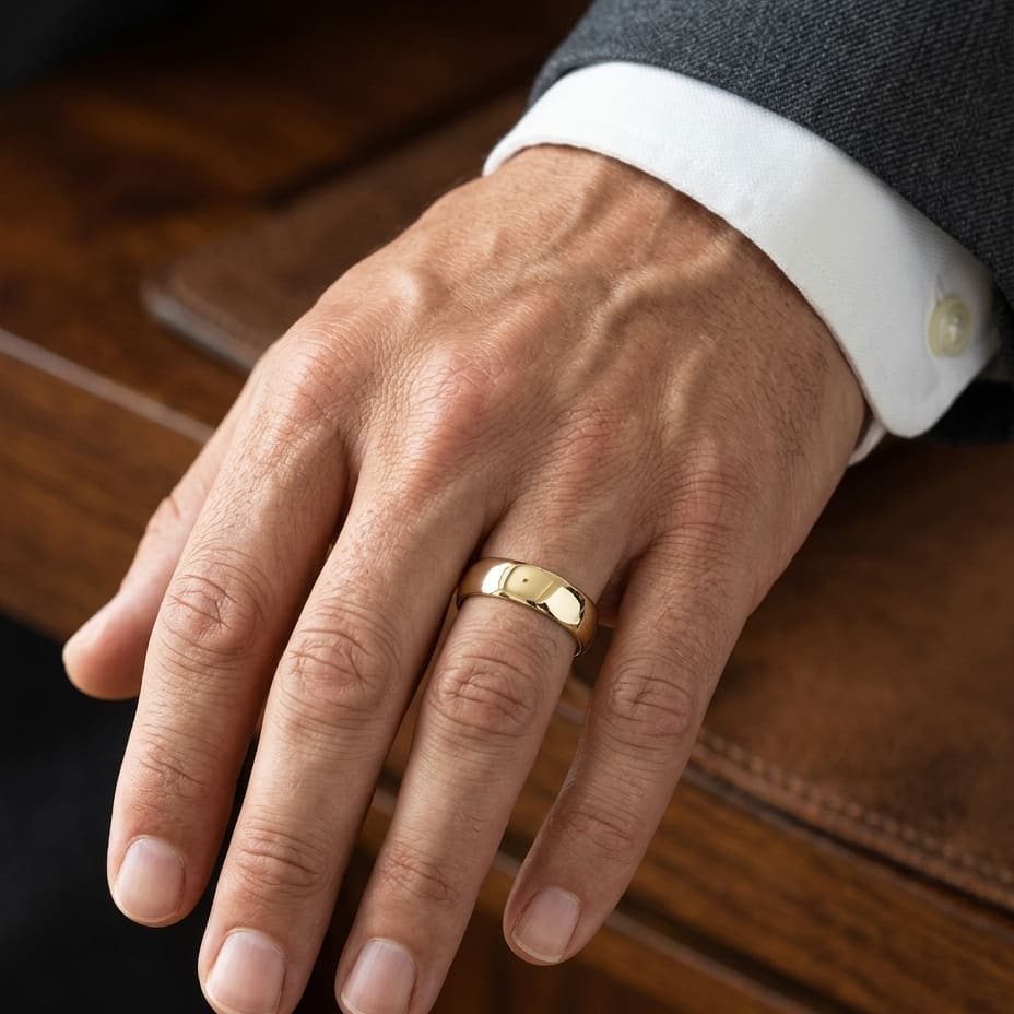 7.5mm Comfort-Fit Wedding Band in 14K Yellow Gold, worn on hand, masculine close-up