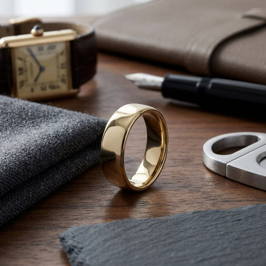 7.5mm Comfort-Fit Wedding Band in 14K Yellow Gold, on walnut surface with pocket square