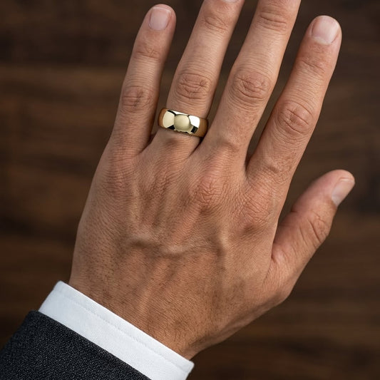10mm High Dome Comfort-Fit Wedding Band in 14K Yellow Gold, worn on hand, masculine close-up