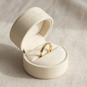 3mm Low Dome Wedding Band in 14K Yellow Gold, in navy velvet jewelry box