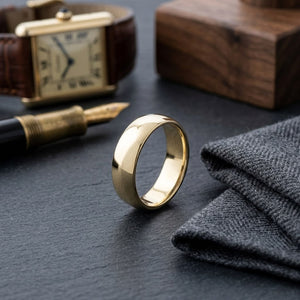 7mm Low Dome Wedding Band in 14K Yellow Gold, on walnut surface with pocket square