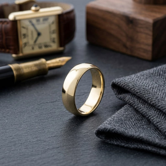 7mm Low Dome Wedding Band in 14K Yellow Gold, on walnut surface with pocket square