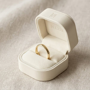 3mm Slightly Domed Comfort-Fit Wedding Band in 14K Yellow Gold, in navy velvet jewelry box