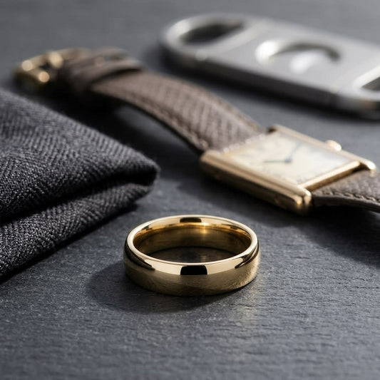 5mm Slightly Domed Comfort-Fit Wedding Band in 14K Yellow Gold, on walnut surface with pocket square
