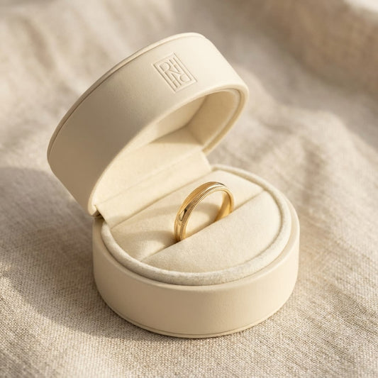 4mm Slightly Domed Double Milgrain Comfort-Fit Wedding Band in 14K Yellow Gold, in navy velvet jewelry box