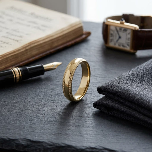 5mm Slightly Domed Double Milgrain Comfort-Fit Wedding Band in 14K Yellow Gold, on walnut surface with pocket square