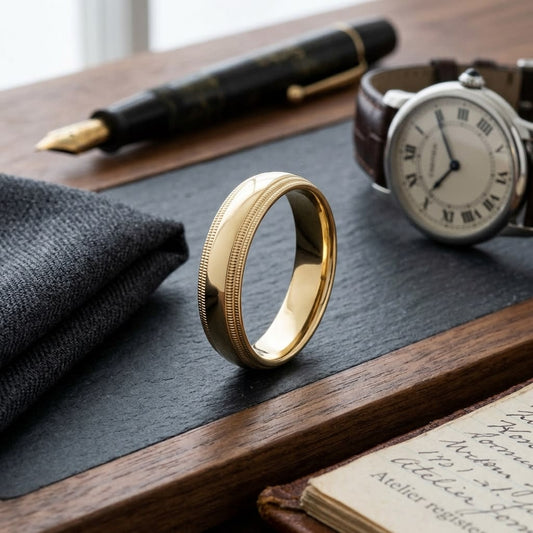 6mm Slightly Domed Double Milgrain Comfort-Fit Wedding Band in 14K Yellow Gold, on walnut surface with pocket square