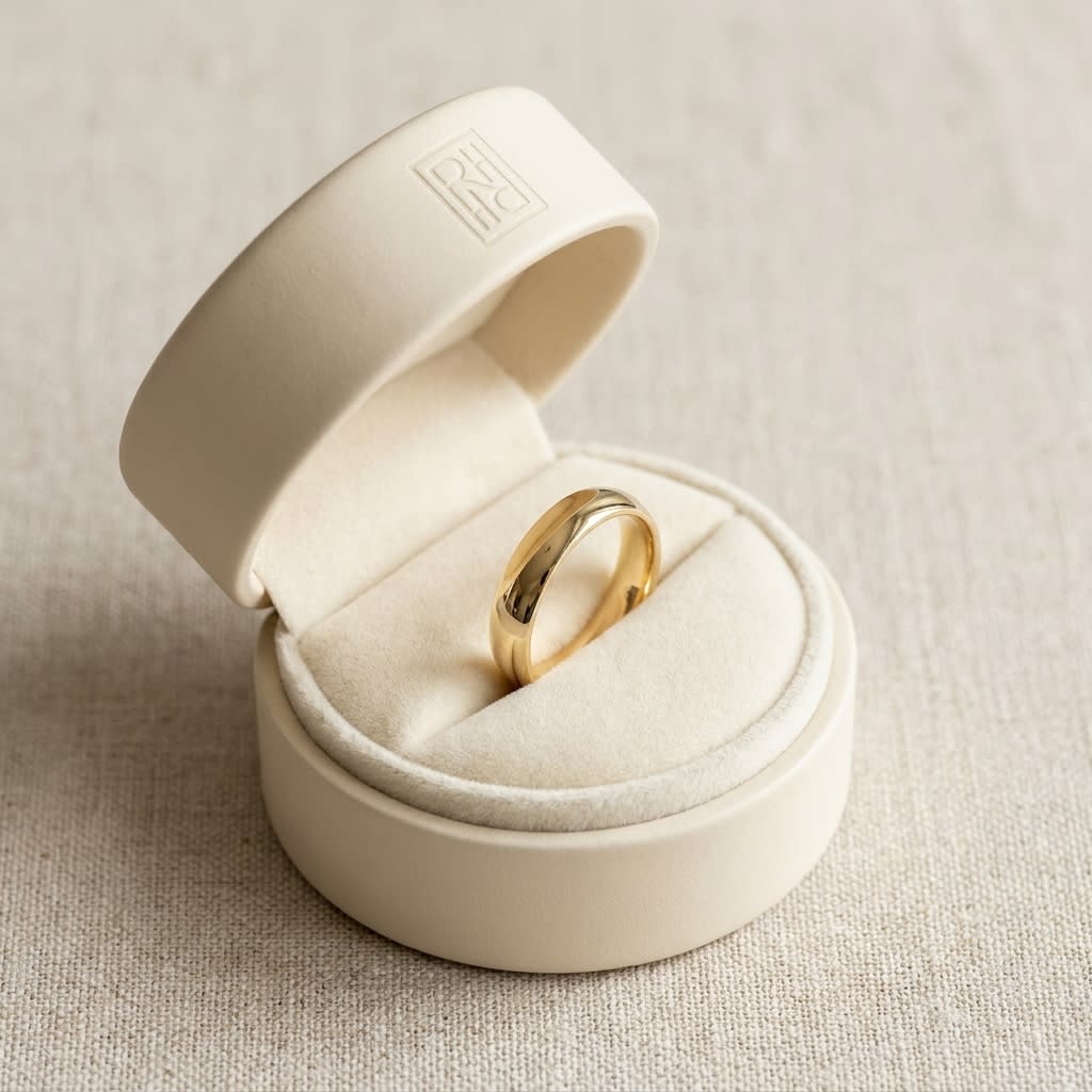 4mm Slightly Domed Super Light Comfort-Fit Wedding Band in 14K Yellow Gold, in navy velvet jewelry box