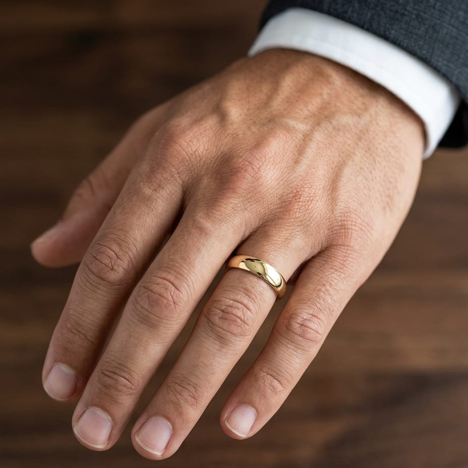5mm Slightly Domed Super Light Comfort-Fit Wedding Band in 14K Yellow Gold, worn on hand, masculine close-up