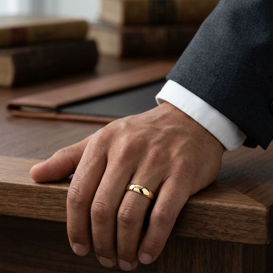 5mm Slightly Domed Super Light Comfort-Fit Wedding Band in 14K Yellow Gold, worn on hand, masculine full view