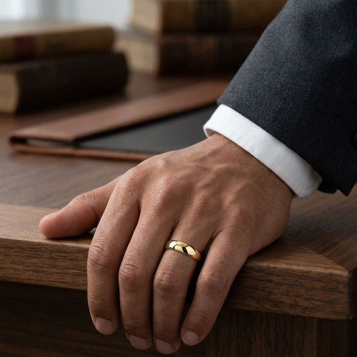 5mm Slightly Domed Super Light Comfort-Fit Wedding Band in 14K Yellow Gold, worn on hand, masculine full view