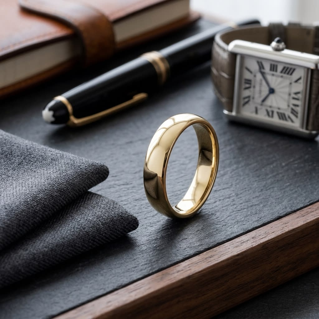 5mm Slightly Domed Super Light Comfort-Fit Wedding Band in 14K Yellow Gold, on walnut surface with pocket square