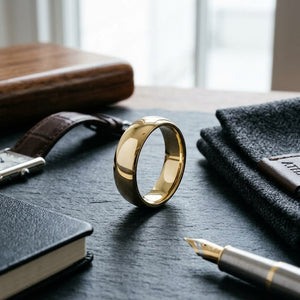 7mm Slightly Domed Super Light Comfort-Fit Wedding Band in 14K Yellow Gold, on walnut surface with pocket square