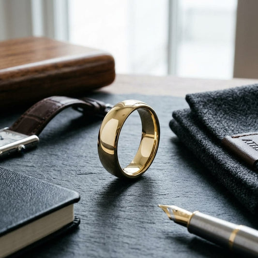 7mm Slightly Domed Super Light Comfort-Fit Wedding Band in 14K Yellow Gold, on walnut surface with pocket square