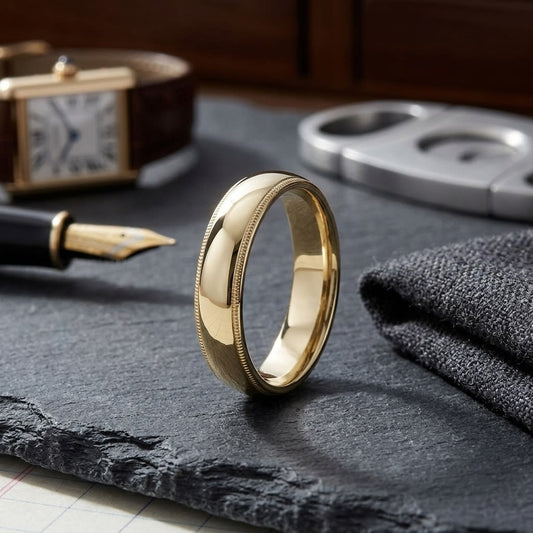 5mm Slightly Domed Super Light Milgrain Comfort-Fit Wedding Band in 14K Yellow Gold, on walnut surface with pocket square