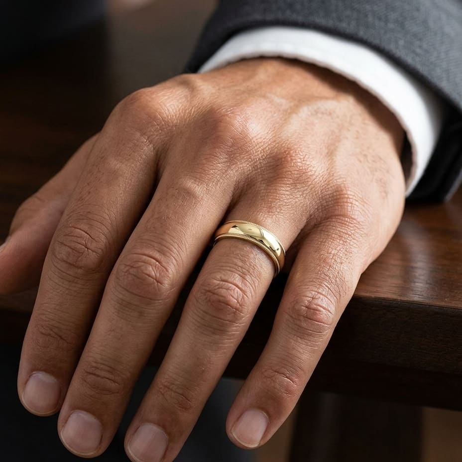 6mm Slightly Domed Super Light Milgrain Comfort-Fit Wedding Band in 14K Yellow Gold, worn on hand, masculine close-up