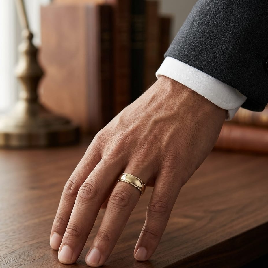 6mm Slightly Domed Super Light Milgrain Comfort-Fit Wedding Band in 14K Yellow Gold, worn on hand, masculine full view