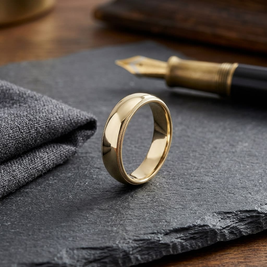 6mm Slightly Domed Super Light Milgrain Comfort-Fit Wedding Band in 14K Yellow Gold, on walnut surface with pocket square