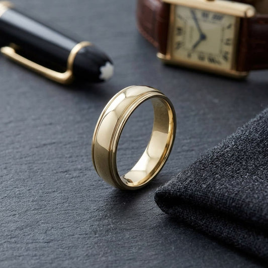 6mm High Polish Carved Wedding Band in 14K Yellow Gold, on walnut surface with pocket square