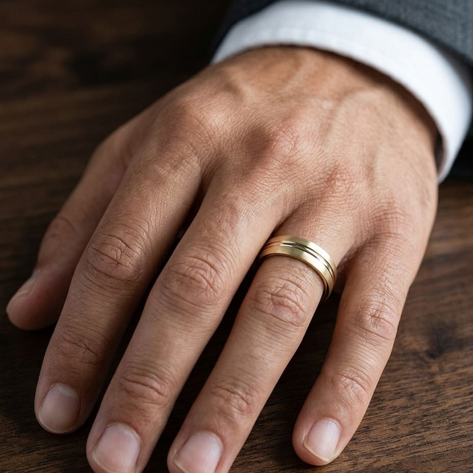 6mm Satin Finish High Polished Center Cut Carved Wedding Band in 14K Yellow Gold, worn on hand, masculine close-up