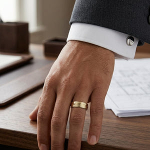 6mm Satin Finish High Polished Center Cut Carved Wedding Band in 14K Yellow Gold, worn on hand, masculine full view