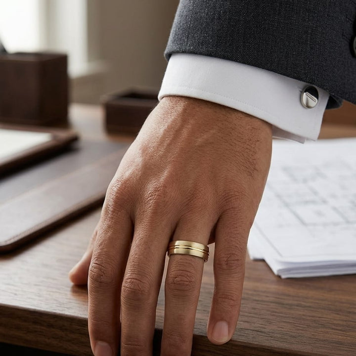 6mm Satin Finish High Polished Center Cut Carved Wedding Band in 14K Yellow Gold, worn on hand, masculine full view