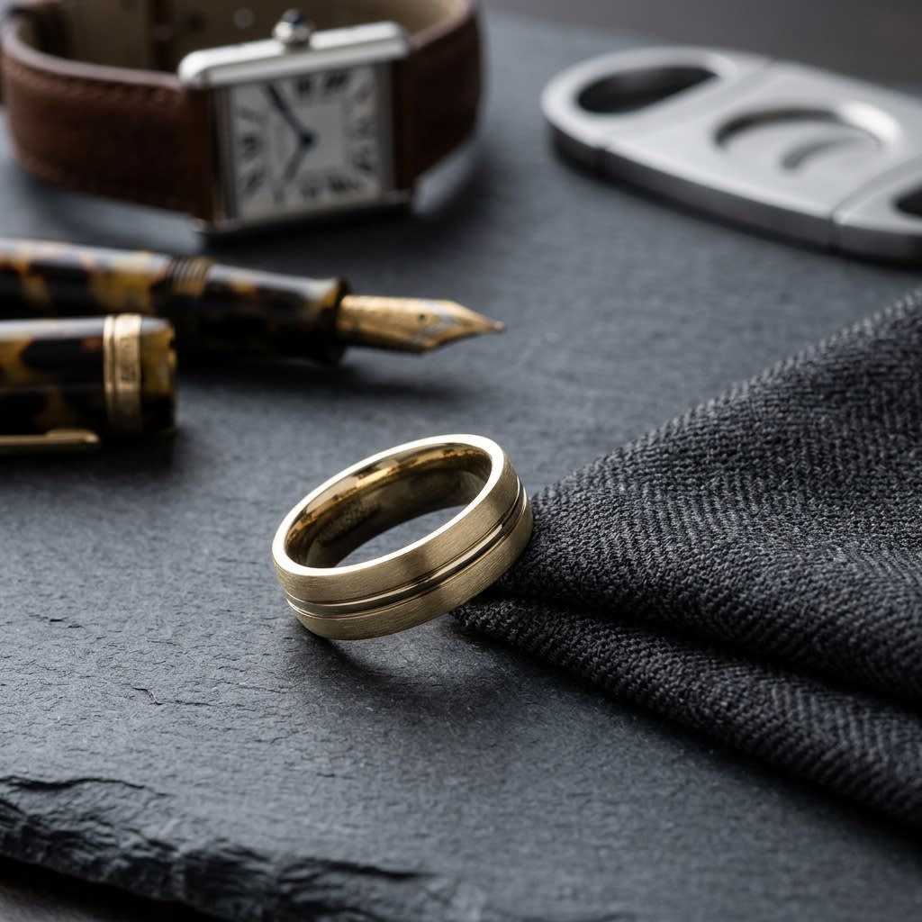 6mm Satin Finish High Polished Center Cut Carved Wedding Band in 14K Yellow Gold, on walnut surface with pocket square