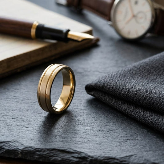 6mm Satin Finish Parallel Groove Carved Wedding Band in 14K Yellow Gold, on walnut surface with pocket square