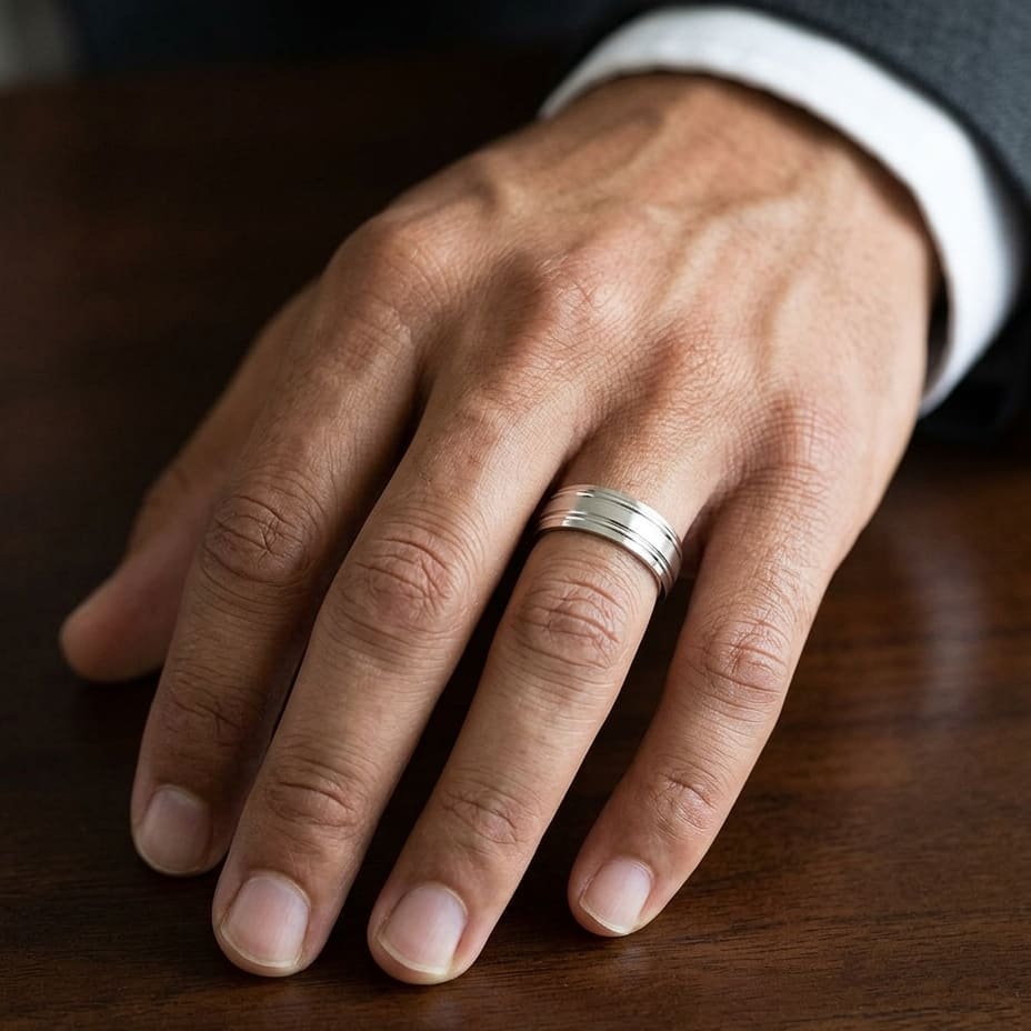 7mm Satin Finish Parallel Groove Carved Wedding Band in 14K Yellow Gold, worn on hand, masculine close-up