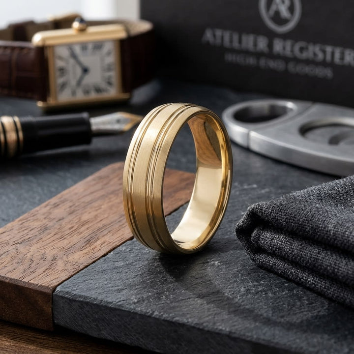 7mm Satin Finish Parallel Groove Carved Wedding Band in 14K Yellow Gold, on walnut surface with pocket square