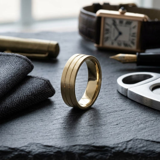 6mm Satin Finish Parallel Center Cut Carved Wedding Band in 14K Yellow Gold, on walnut surface with pocket square