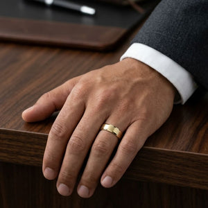 7mm Satin Finish High Polished Beveled Edge Carved Wedding Band in 14K Yellow Gold, worn on hand, masculine full view