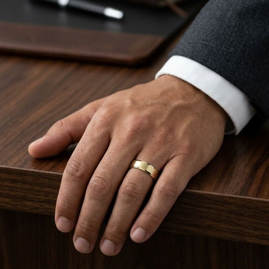 7mm Satin Finish High Polished Beveled Edge Carved Wedding Band in 14K Yellow Gold, worn on hand, masculine full view