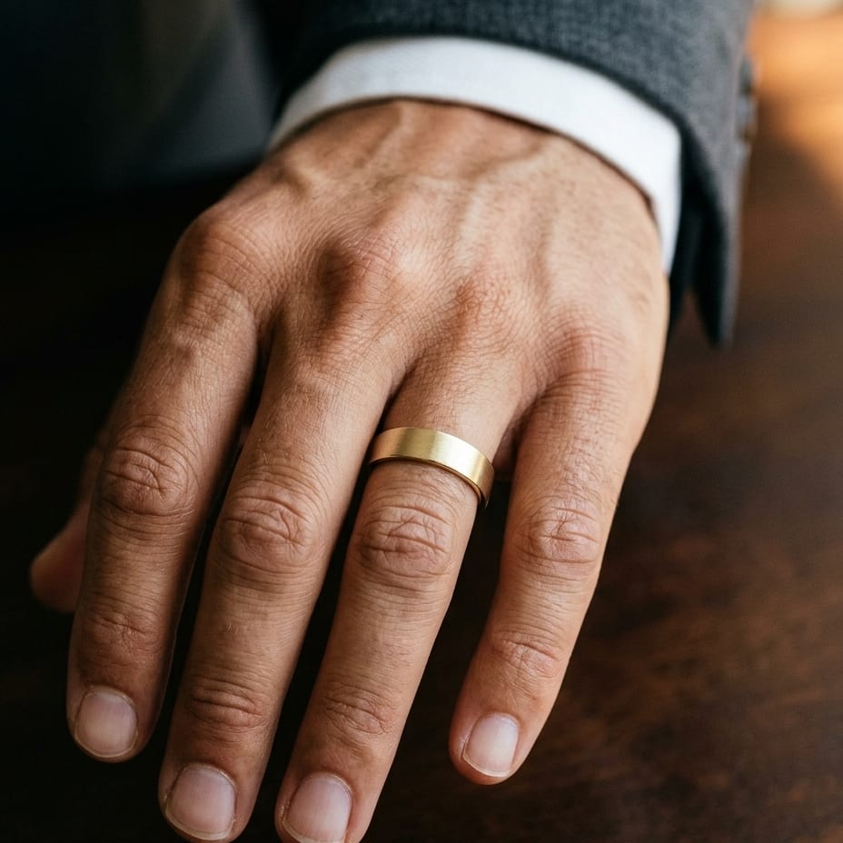 6mm Satin Finish Carved Wedding Band in 14K Yellow Gold, worn on hand, masculine close-up