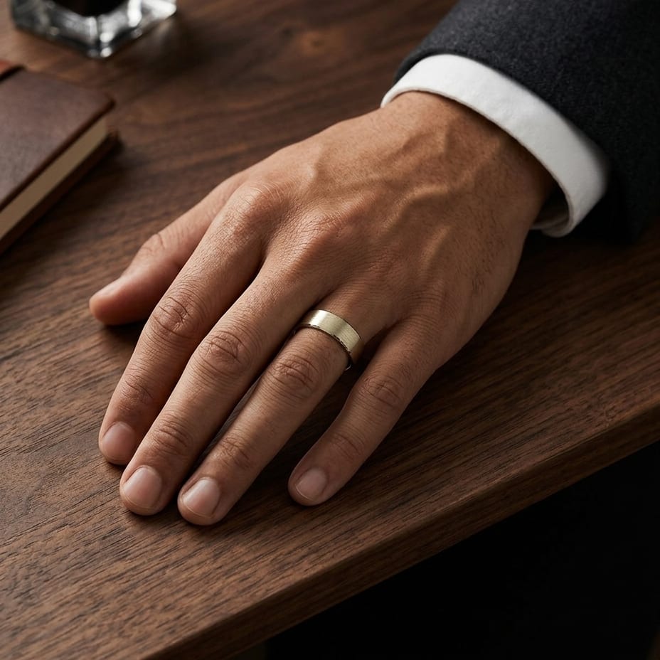 6mm Satin Finish Carved Wedding Band in 14K Yellow Gold, worn on hand, masculine full view