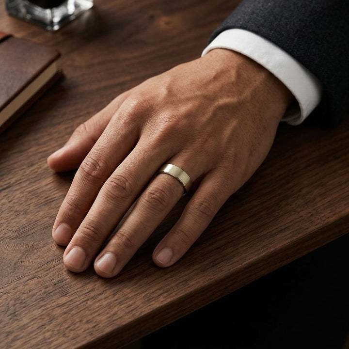 6mm Satin Finish Carved Wedding Band in 14K Yellow Gold, worn on hand, masculine full view