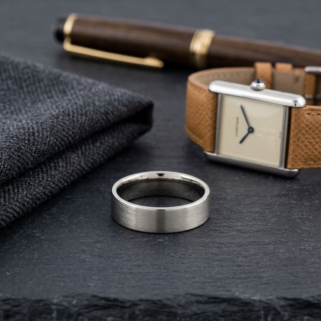 6mm Satin Finish Carved Wedding Band in 14K Yellow Gold, on walnut surface with pocket square