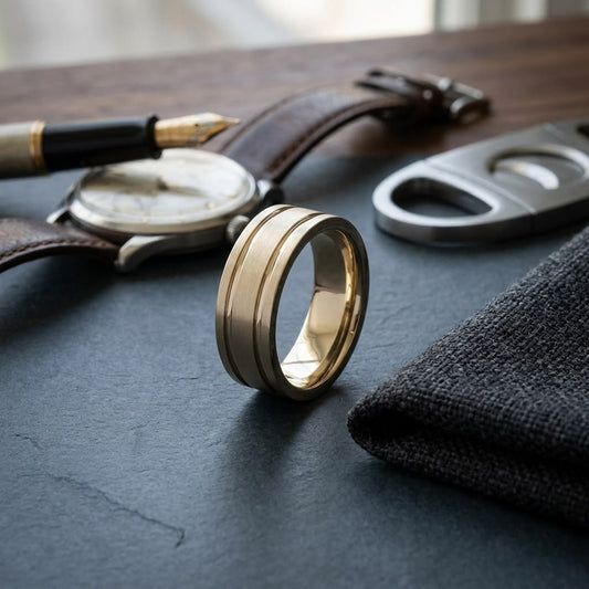 8mm Satin Finish Parallel Groove Carved Wedding Band in 14K Yellow Gold, on walnut surface with pocket square