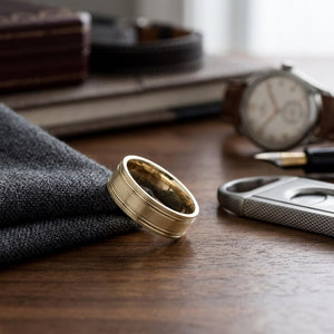 7mm Satin Finish Parallel Groove Carved Wedding Band in 14K Yellow Gold, on walnut surface with pocket square