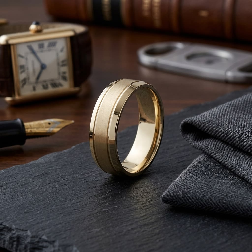 7mm Satin Finish High Polished Beveled Edge Carved Wedding Band in 14K Yellow Gold, on walnut surface with pocket square