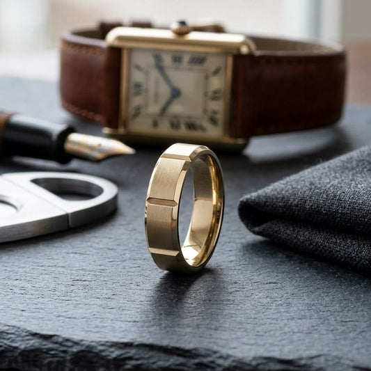 6mm Satin Finish Grooves Carved Wedding Band in 14K Yellow Gold, on walnut surface with pocket square