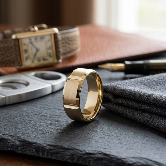 8mm Satin Finish Grooves Carved Wedding Band in 14K Yellow Gold, on walnut surface with pocket square